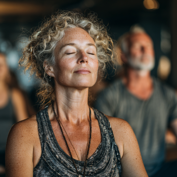 Възрастна жена практикува йога